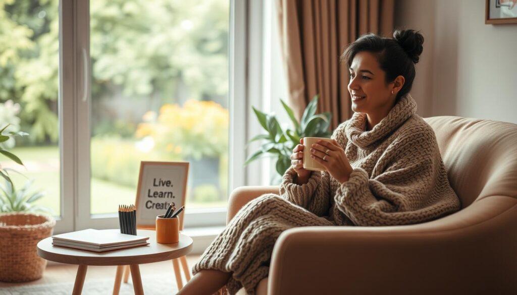 A warm, cozy living room with soft, diffused lighting. In the foreground, a person sits on a plush armchair, wrapped in a knitted blanket, sipping a steaming mug of tea. Their expression is one of contentment and self-acceptance, as they practice mindful self-reflection. The middle ground features a small table with a journal, a set of colored pencils, and a framed Live.Learn.Create artwork, symbolizing the individual's commitment to self-growth and creative expression. In the background, a large window overlooks a lush, tranquil garden, conveying a sense of connection to nature and inner peace.