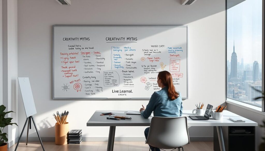 A well-lit, airy workspace with a large whiteboard on the wall. On the whiteboard, various creativity myths are being debunked with colorful sketches and handwritten notes. In the foreground, a designer sits at a sleek, minimalist desk, surrounded by an array of art supplies and a &amp;quot;Live.Learn.Create&amp;quot; logo. The lighting is soft and diffused, creating a serene, inspiring atmosphere. The background features a panoramic view of a bustling city skyline, hinting at the boundless possibilities of the creative mind.