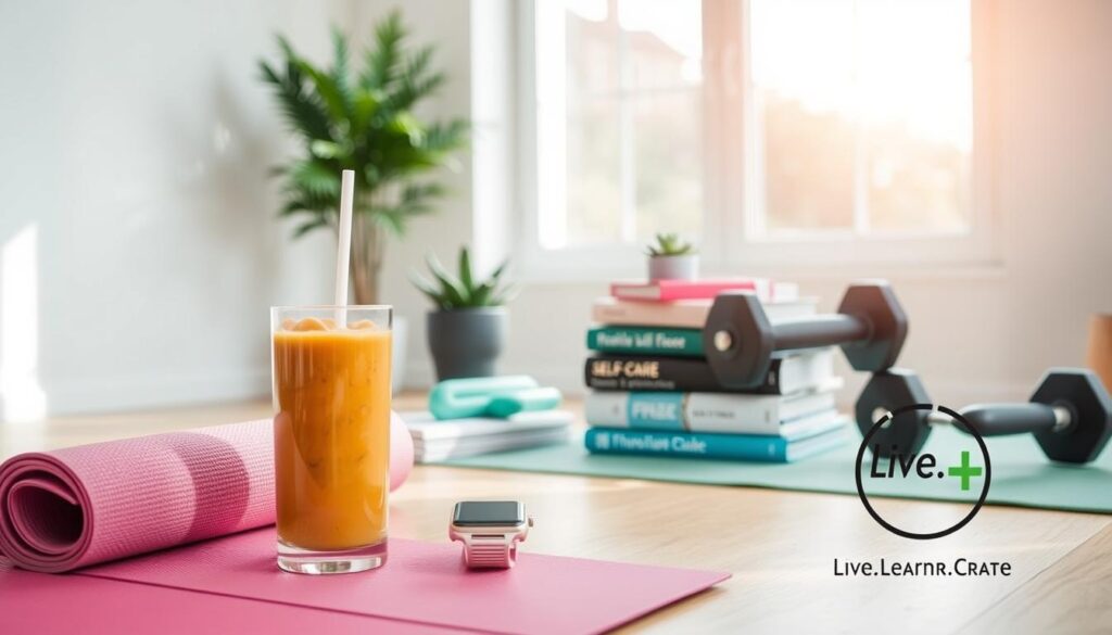 A well-lit and inviting scene depicting a variety of time-efficient wellness tips. In the foreground, a vibrant smoothie, a yoga mat, and a smartwatch symbolizing fitness and mindfulness. In the middle ground, a stack of self-care books, a succulent plant, and a set of dumbbells, conveying a sense of balance and intentionality. The background features a minimalist, clean-lined interior with a large window, allowing natural light to flood the space. The overall mood is one of calm, productivity, and a holistic approach to well-being. &quot;Live.Learn.Create&quot; logo is prominently displayed in the corner, adding a touch of branding to the image.