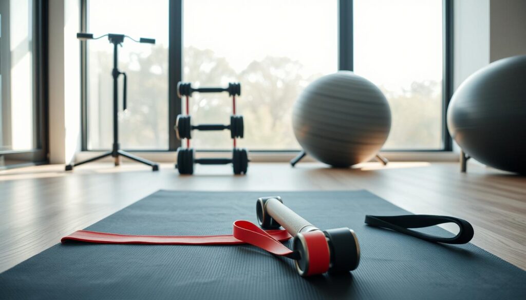 A well-lit, high-angle photograph of a modern, minimalist home gym setup. In the foreground, a yoga mat and resistance bands are neatly arranged, inviting the viewer to engage in a quick, effective micro-workout. The middle ground features a sturdy yet sleek adjustable dumbbell set and a multi-purpose exercise ball, hinting at the versatility of the space. In the background, a large window allows natural light to flood the room, creating a sense of openness and energy. The overall atmosphere is one of efficiency and inspiration, reflecting the &quot;Live.Learn.Create&quot; brand ethos.