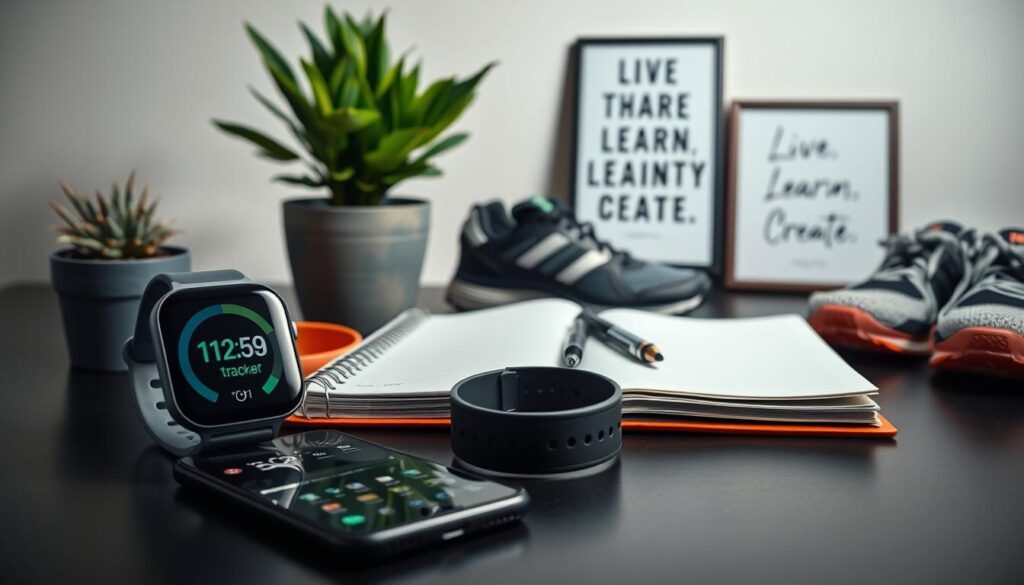 A well-lit, high-contrast scene depicting a collection of personal growth accountability tools. In the foreground, a sleek digital smartwatch displaying a progress tracker, a fitness band, and a productivity app on a smartphone. In the middle ground, a spiral-bound journal with a minimalist design and a pen resting on the open pages. In the background, a potted plant, a pair of running shoes, and a framed motivational quote, all against a simple, clean backdrop. The overall mood is one of focus, determination, and a sense of control over one's personal development journey. "Live.Learn.Create"