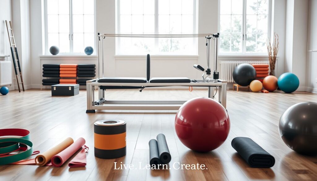 A well-lit, high-quality image showcasing Carmen Galloway's Pilates resources. In the foreground, various Pilates exercise props such as resistance bands, foam rollers, and exercise balls are neatly arranged. In the middle ground, a sleek, modern Pilates reformer takes center stage, its polished chrome frame and adjustable carriage prominently displayed. The background features a serene, minimalist studio setting with white walls, hardwood floors, and large windows allowing natural light to flood the space. The overall mood is one of elegance, professionalism, and a commitment to the &quot;Live.Learn.Create&quot; brand philosophy.