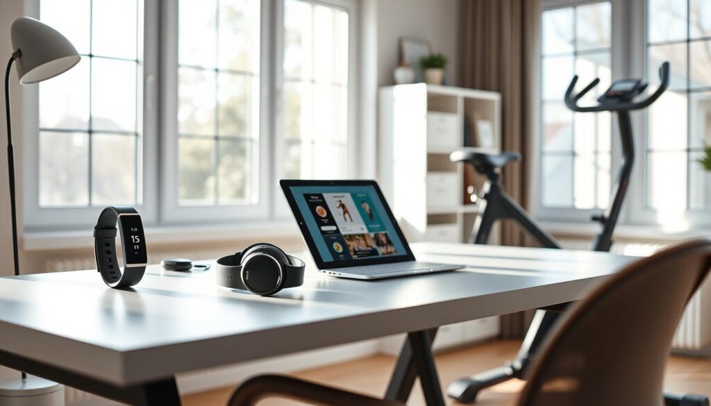 A well-lit home office with a sleek, minimalist desk. On the desk, an array of fitness tech tools: a smart fitness tracker, a wireless noise-cancelling headphone set, a tablet displaying a workout app, and a compact folding exercise bike. The space exudes a sense of focused productivity, with natural light streaming in from large windows. The &quot;Live.Learn.Create&quot; brand name is subtly incorporated into the design of the fitness tech tools.
