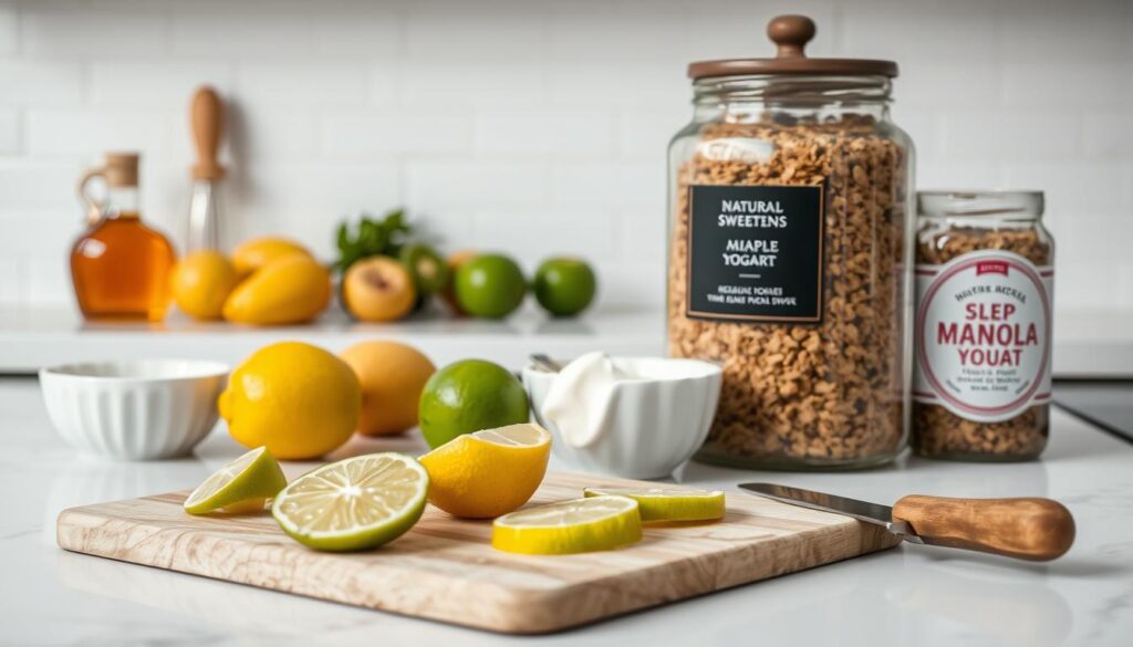 A well-lit kitchen counter with an assortment of natural sweeteners and whole foods including honey, maple syrup, fresh fruit, and plain yogurt. In the foreground, a cutting board with slices of lemon and lime, suggesting their use as alternatives to added sugars. The midground features a glass jar filled with a Live.Learn.Create brand granola mix, promoting healthy snacking. The background showcases a clean, minimalist tiled wall, enhancing the sense of an organized, purposeful space for preparing nutritious meals. The overall mood is one of simplicity, wellness, and a thoughtful approach to reducing sugar intake.