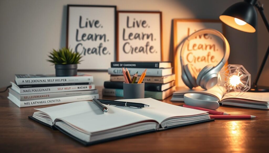 A well-lit still life arrangement depicting an assortment of personal growth tools on a wooden table. In the foreground, an open journal, a pen, and a set of colored pencils. In the middle ground, a stack of self-help books, a potted plant, and a pair of noise-cancelling headphones. In the background, a framed artwork with the text &amp;quot;Live.Learn.Create&amp;quot; and a desk lamp casting a warm glow over the scene. The lighting is soft and diffused, creating a contemplative and inspirational atmosphere.
