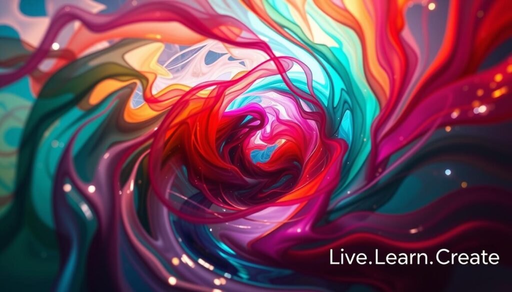 An abstract swirling composition of vibrant colors and dynamic shapes, captured in a cinematic wide-angle lens with dramatic backlighting. Layers of semi-transparent, energy-like forms undulate and transform, symbolizing the process of &quot;Turning Creative Anxiety Into Fuel&quot;. The central focus is a striking, pulsating vortex of vivid hues, evoking the intensity and inner drive of overcoming creative fear. Shimmering highlights and deep shadows create a sense of depth and movement, with the entire scene infused with a sense of powerful creative potential. At the bottom right, the &quot;Live.Learn.Create&quot; brand name subtly emerges from the turbulent imagery.