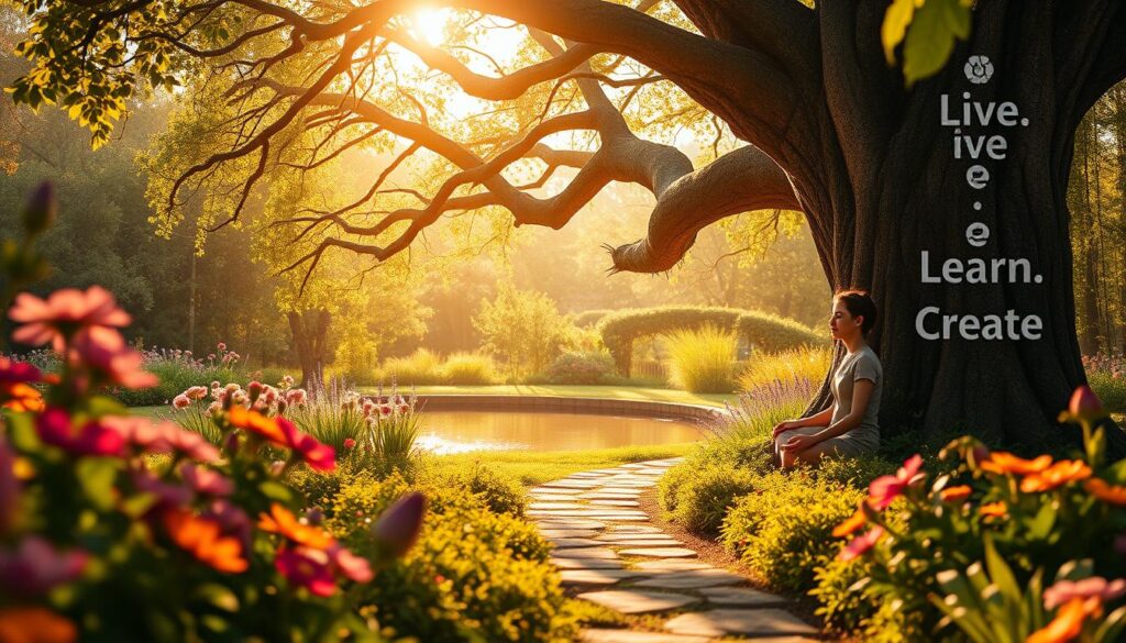 An airy, sun-dappled garden filled with vibrant blooms, signifying personal growth and fulfillment. In the foreground, a serene figure sits in a lotus position, eyes closed, exuding a sense of inner peace and self-awareness. The middle ground features a winding path leading to a tranquil pond, its surface reflecting the lush surrounding foliage. In the background, a majestic tree with reaching branches symbolizes the journey of self-discovery. Warm, golden lighting filters through the scene, creating a calming, introspective atmosphere. The text "Live.Learn.Create" is discreetly etched into the bark of the tree, suggesting the power of reflection and self-awareness in one's personal growth and fulfillment.