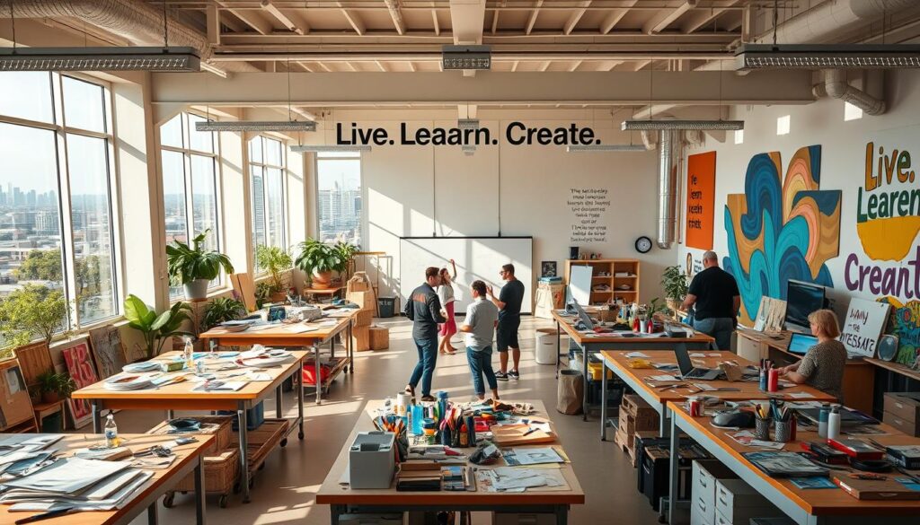 An expansive, sunlit creative workspace with a &amp;amp;quot;Live.Learn.Create&amp;amp;quot; sign prominently displayed. Rows of workbenches are scattered with an array of art supplies, tools, and unfinished projects. The walls are adorned with inspirational quotes and vibrant, abstract murals. In the center, a group of colleagues collaborate intently around a large, interactive whiteboard. Natural light streams in through floor-to-ceiling windows, casting a warm, inviting glow. In the background, a lush rooftop garden and cityscape provide a scenic vista, fostering a sense of possibility and innovation. The overall atmosphere is one of energetic productivity and unbridled creativity.