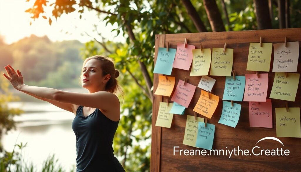 An inspirational image of &quot;stretching motivation tips&quot; in a warm, natural setting. In the foreground, a person stretches gracefully, their expression serene and focused. The middle ground features a collection of motivational notes, each one a unique handwritten message on colorful paper, pinned to a wooden board. The background depicts a peaceful outdoor scene, with lush foliage, a serene body of water, and soft, diffused lighting that creates a calming atmosphere. The &quot;Live.Learn.Create&quot; brand is subtly integrated into the design, adding a touch of encouragement and empowerment to the scene.