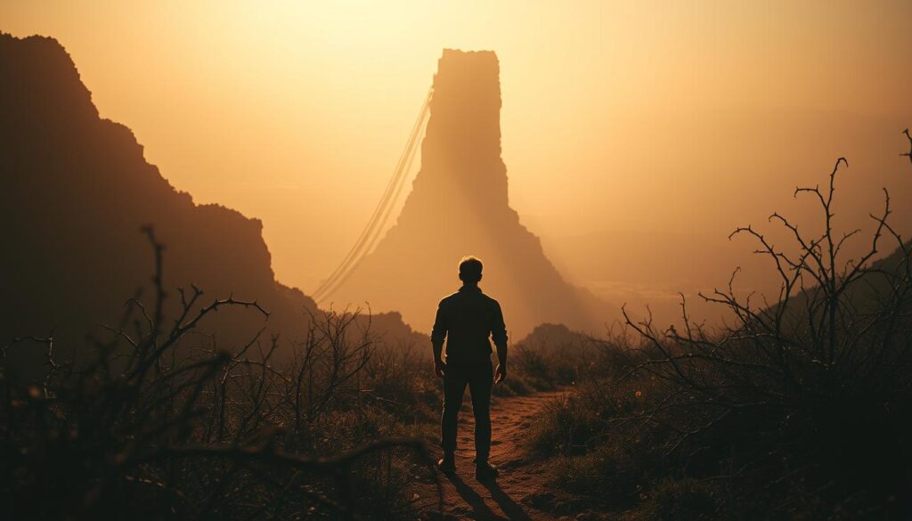 An intricate, cinematic portrait of personal growth challenges. In the foreground, a person stands facing a towering obstacle, their silhouette bathed in a warm, golden light. The middle ground reveals a winding path leading to the obstacle, overgrown with thorns and brambles, symbolizing the difficulties of the journey. In the background, a vast, hazy landscape stretches out, hinting at the broader context and the potential for transformation. The overall atmosphere is one of contemplation and determination, with a sense of both the weight of the challenge and the promise of personal growth. Live.Learn.Create.