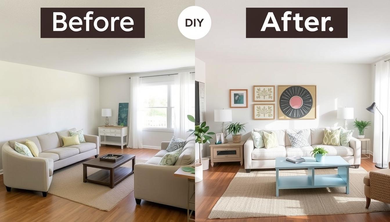 Before and after comparison of a living room transformed with DIY decor projects