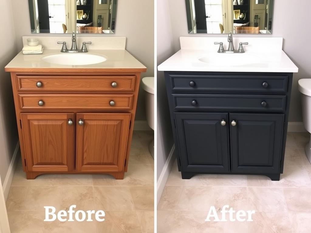 Before and after of bathroom vanity painted in modern color