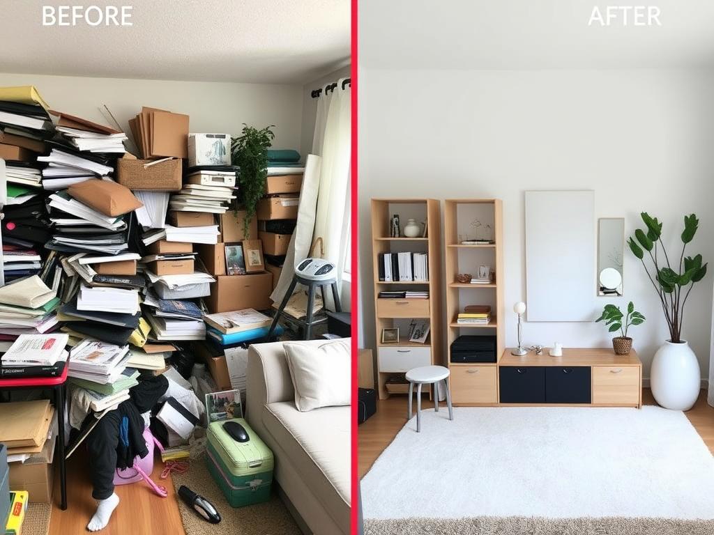 Before and after of decluttered zen home space
