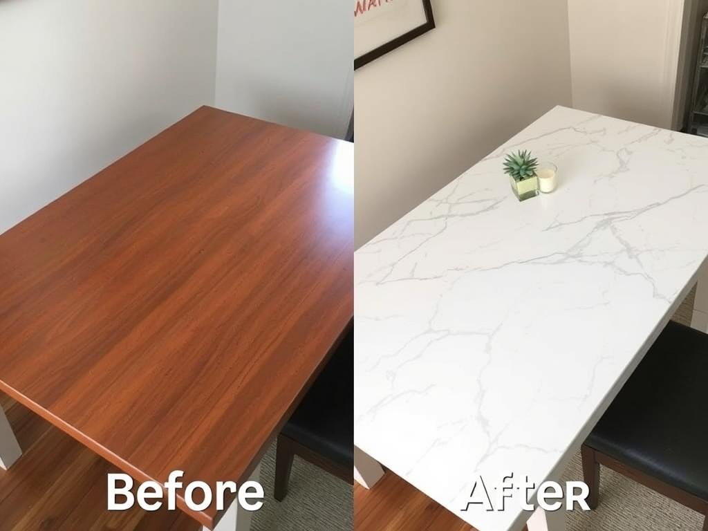 Before and after of table transformed with marble contact paper