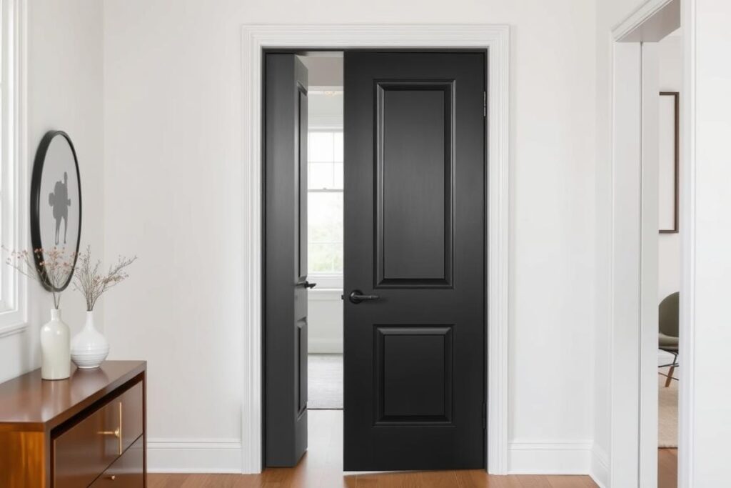 Black painted interior door against white walls creating contrast