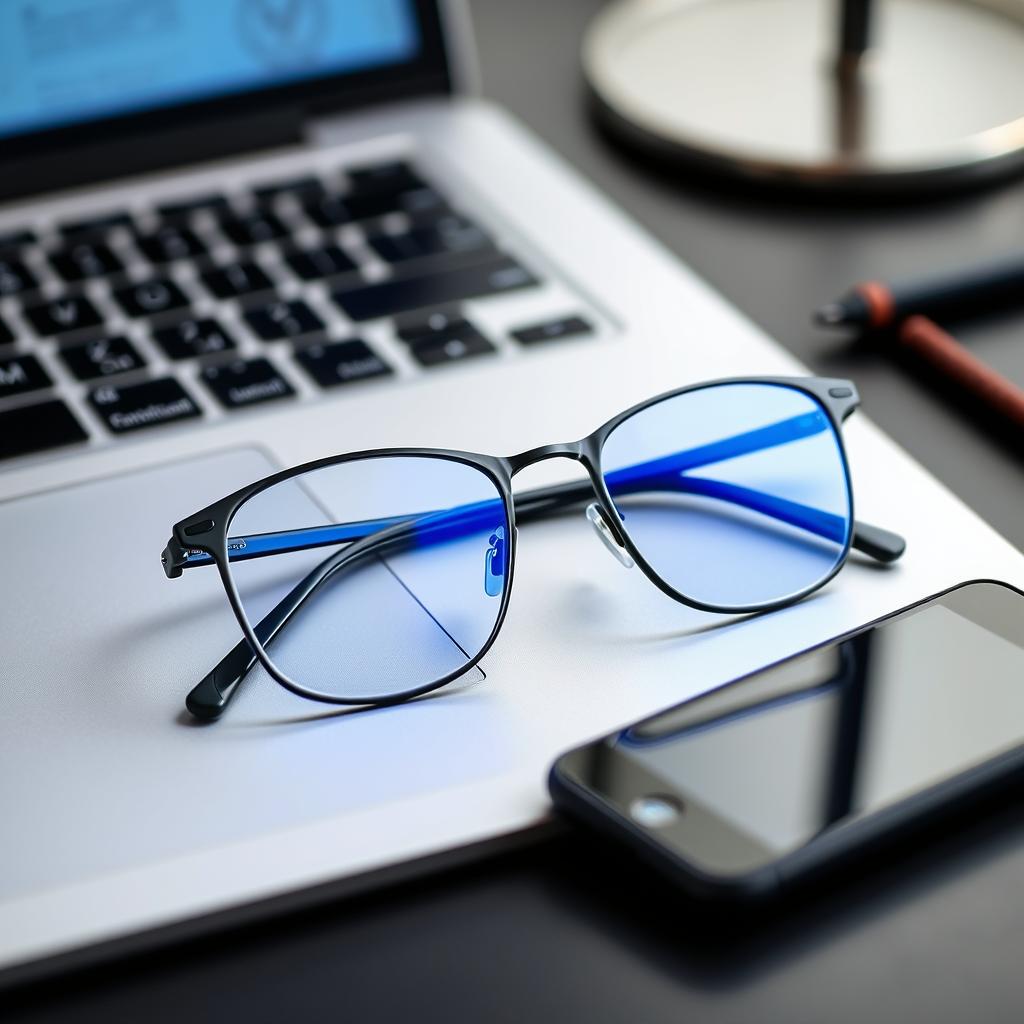 Blue light blocking glasses on a desk with computer
