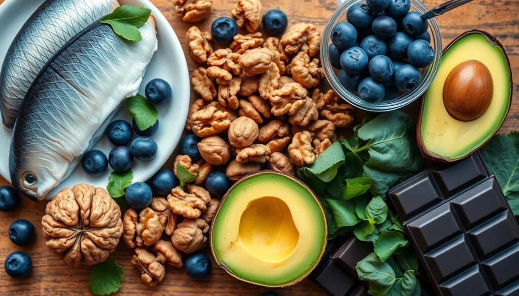Colorful array of brain-healthy foods including fatty fish, berries, and nuts for holistic brain health