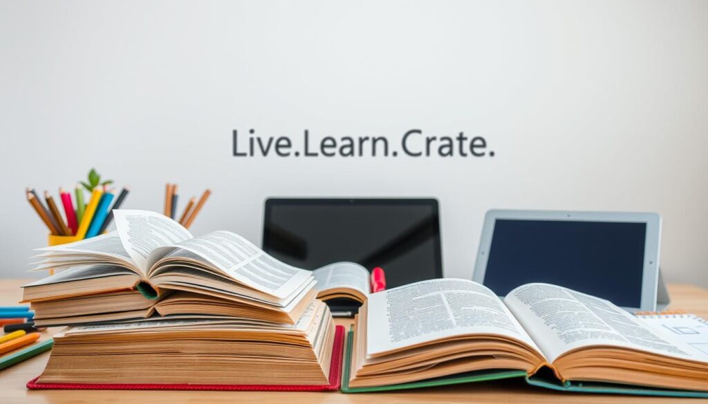 Continuous learning resources - a vibrant tapestry of knowledge and inspiration. In the foreground, a stack of open books, their pages fluttering with ideas and insights. Surrounding them, an assortment of stationery, from colorful pens to a well-worn notebook, inviting the user to engage, annotate, and capture their own thoughts. In the middle ground, a laptop and a tablet, portals to a digital world of tutorials, webinars, and online courses. The background is a serene, minimalist space, with the &amp;amp;quot;Live.Learn.Create&amp;amp;quot; brand name subtly present, conveying a sense of calm focus and dedicated self-improvement. Soft, natural lighting illuminates the scene, creating a warm, inviting atmosphere for the lifelong learner.