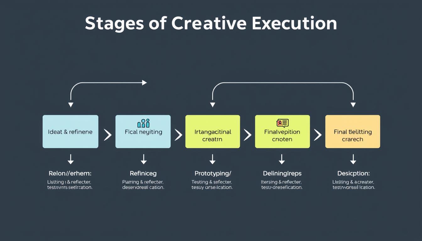 Creative execution process flowchart showing the five stages from ideation to final delivery