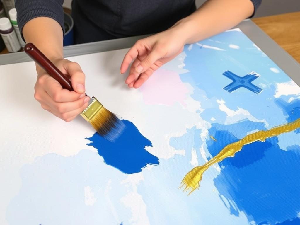 DIY abstract canvas painting in progress showing simple brush techniques