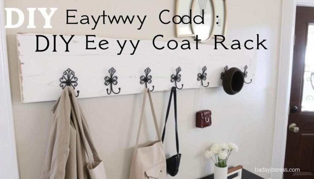 DIY coat rack made from repurposed wooden board and decorative hooks