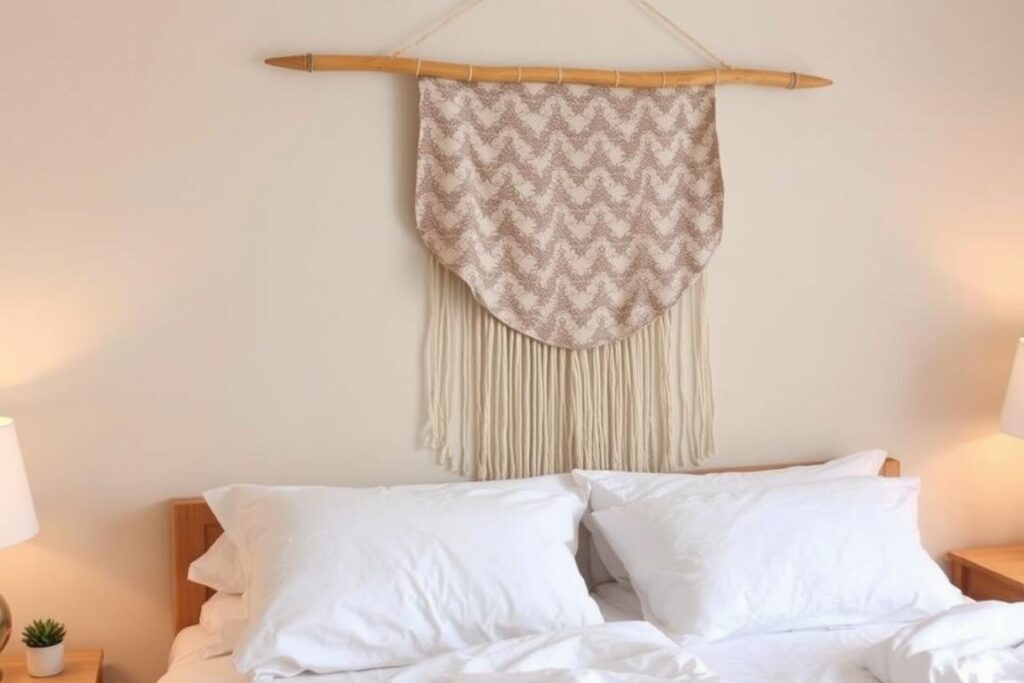 DIY fabric wall hanging made with wooden dowel and patterned fabric