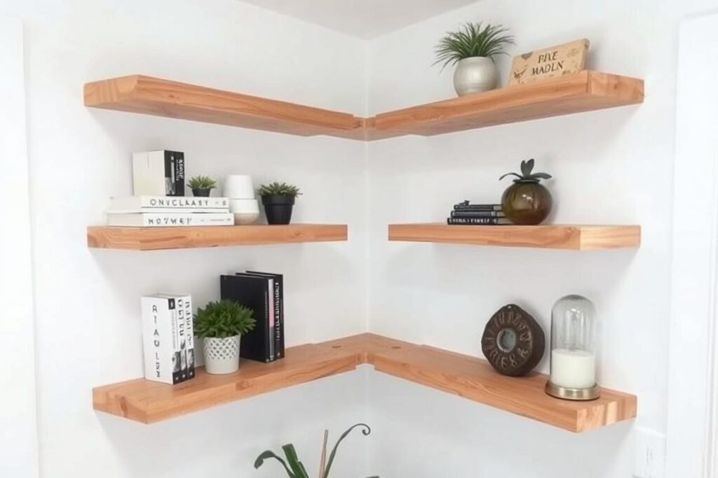 DIY floating corner shelves in small space with decorative items