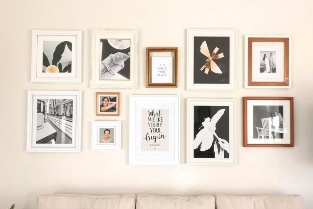 DIY gallery wall made with painted thrifted frames and printed artwork