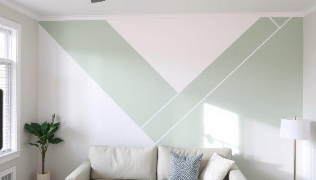 DIY geometric accent wall created with painter's tape and two paint colors