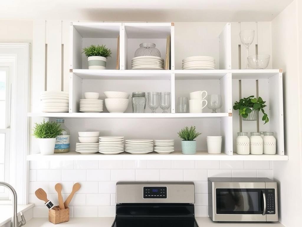 DIY kitchen shelving made from painted wooden crates mounted on wall