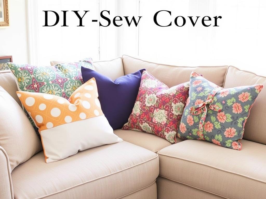 DIY no-sew pillow covers made from fabric remnants in various patterns