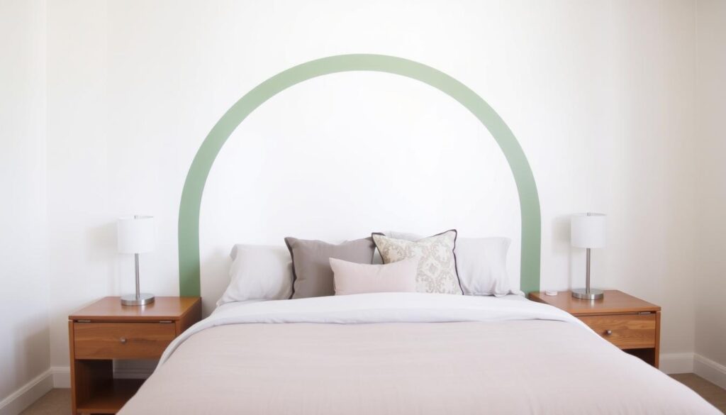 DIY painted headboard directly on wall with bed positioned against it