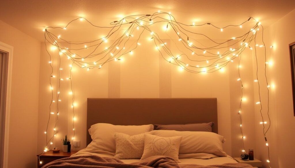 DIY string light canopy creating cozy ambiance in bedroom