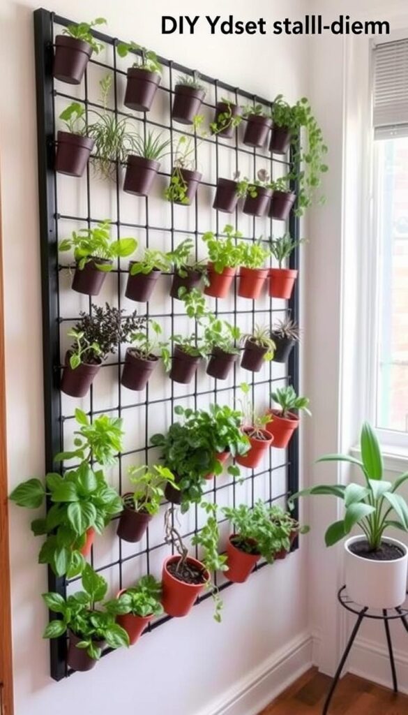 DIY vertical garden with potted plants on wall-mounted grid