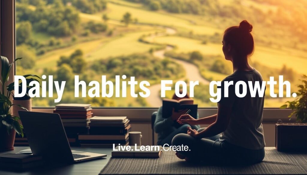 Daily habits for growth: A serene morning scene with a person meditating in the foreground, surrounded by a neatly organized workspace with a laptop, books, and a plant. In the middle ground, a person engages in a creative activity like sketching or journaling. The background depicts a lush, verdant landscape with a winding path, symbolizing the journey of personal development. Warm, natural lighting illuminates the scene, creating a sense of tranquility and focus. The &amp;amp;quot;Live.Learn.Create&amp;amp;quot; branding is subtly integrated into the design.