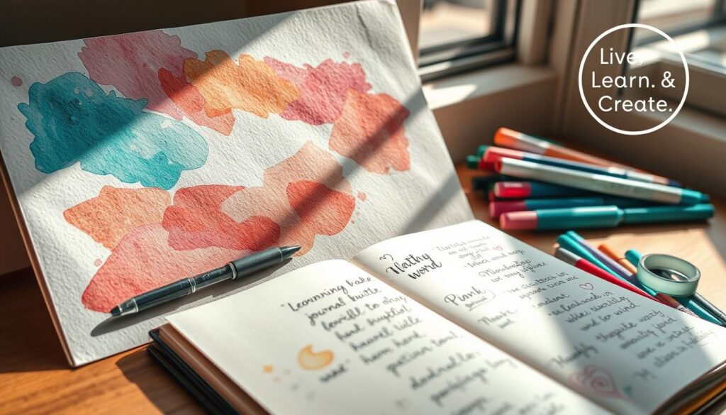 Delicate watercolor brushstrokes dance across a textured journal page, blending vibrant hues of teal, rose, and ochre. In the foreground, a calligraphy pen rests beside an open notebook, its pages adorned with hand-lettered words and whimsical doodles. A collection of colorful markers, pens, and washi tape sits nearby, inviting the viewer to explore the boundless possibilities of creative journaling. Sunlight filters through a nearby window, casting a warm, natural glow upon the scene. The overall atmosphere is one of tranquility and artistic expression. &amp;amp;amp;quot;Live.Learn.Create&amp;amp;amp;quot; logo subtly positioned in the corner.