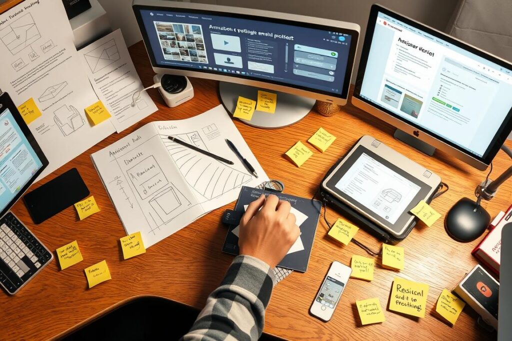 Designer creating and testing a prototype with feedback notes visible