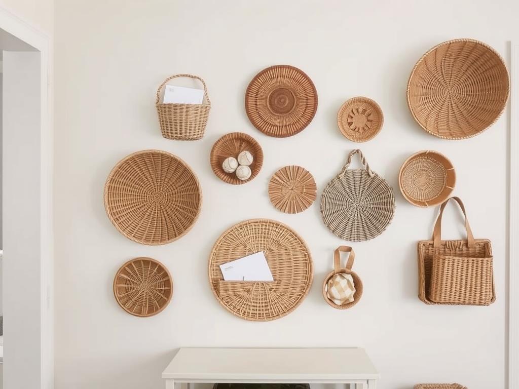 Entryway wall with mounted baskets for organization and decor