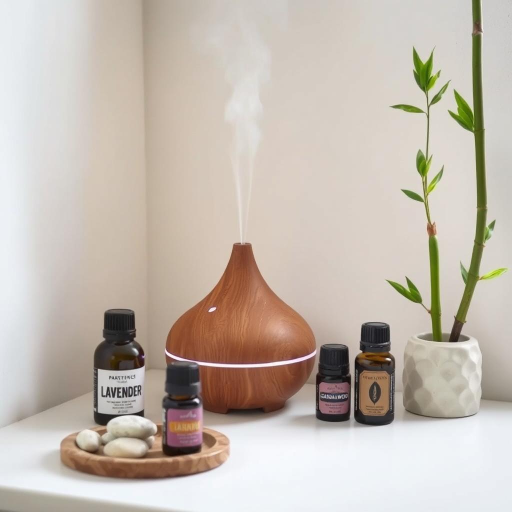 Essential oil diffuser with lavender and sandalwood oils in a Zen space