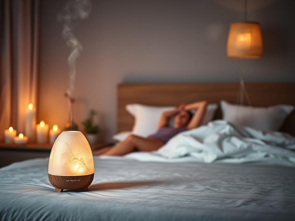 Evening relaxation scene with soft lighting and aromatherapy in a Zen bedroom