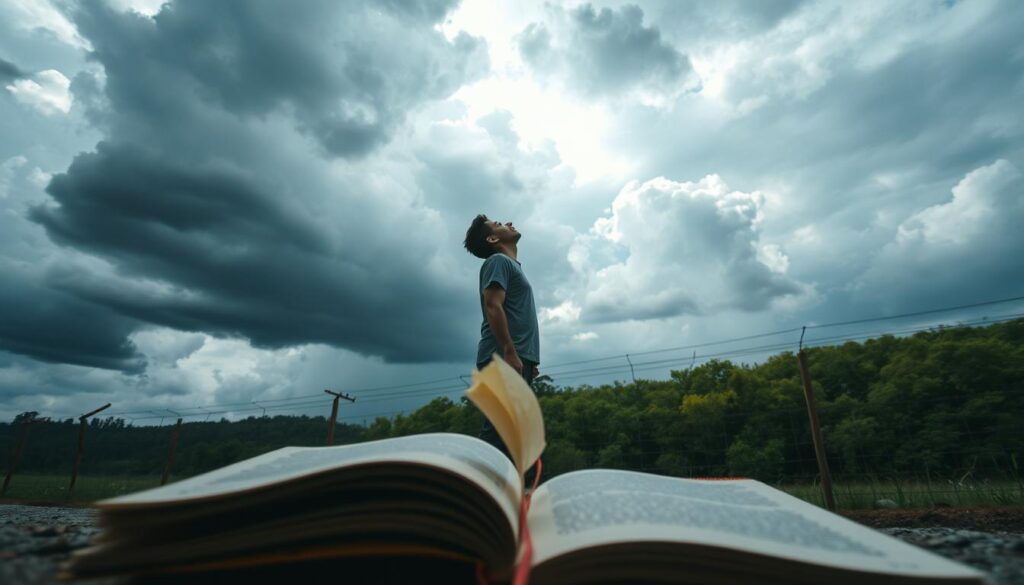 Gratitude during a thunderous storm, a lone figure standing resolute, face lifted towards the raging sky. Soft light filters through the clouds, casting a serene glow on their upturned countenance. In the foreground, a tattered notebook lies open, its pages fluttering in the wind, a symbol of resilience and the power of reflection. The middle ground reveals a weathered fence, a metaphor for the barriers we face, yet the figure stands unshaken. In the distance, a lush forest, its verdant hues a promise of renewal. Cinematic lighting, a wide-angle lens, capturing the grandeur of the moment. "Live.Learn.Create" - a testament to the transformative journey of personal growth.