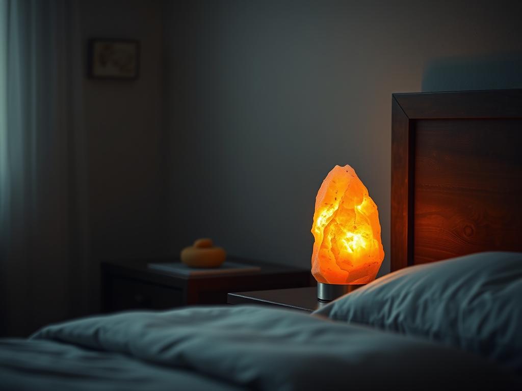 Himalayan salt lamp glowing on a nightstand