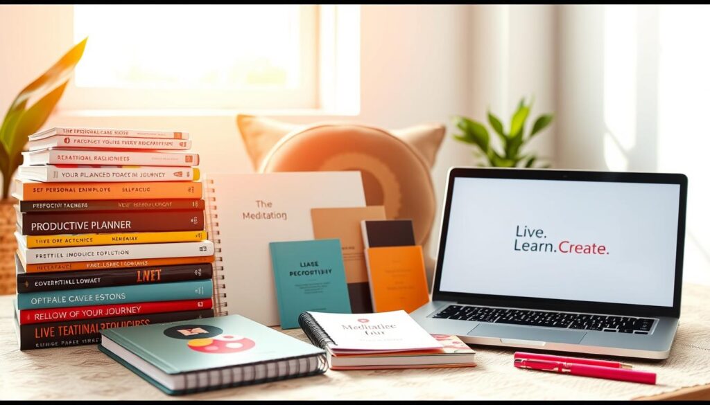 Intricate array of personal development tools arranged in a vibrant, well-lit setting. In the foreground, a stack of self-help books, a sleek productivity planner, and a modern laptop displaying the &quot;Live.Learn.Create&quot; brand. In the middle ground, a meditation cushion, a motivational journal, and a set of inspirational cards. The background features a minimalist white wall, complemented by the warm glow of natural lighting filtering through a large window. The overall atmosphere exudes a sense of focus, growth, and empowerment, inviting the viewer to explore the tools and resources for accelerating their personal development journey.