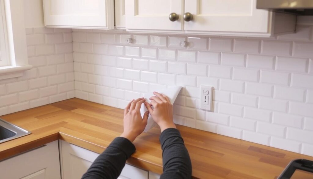 Kitchen with DIY peel-and-stick tile backsplash being installed