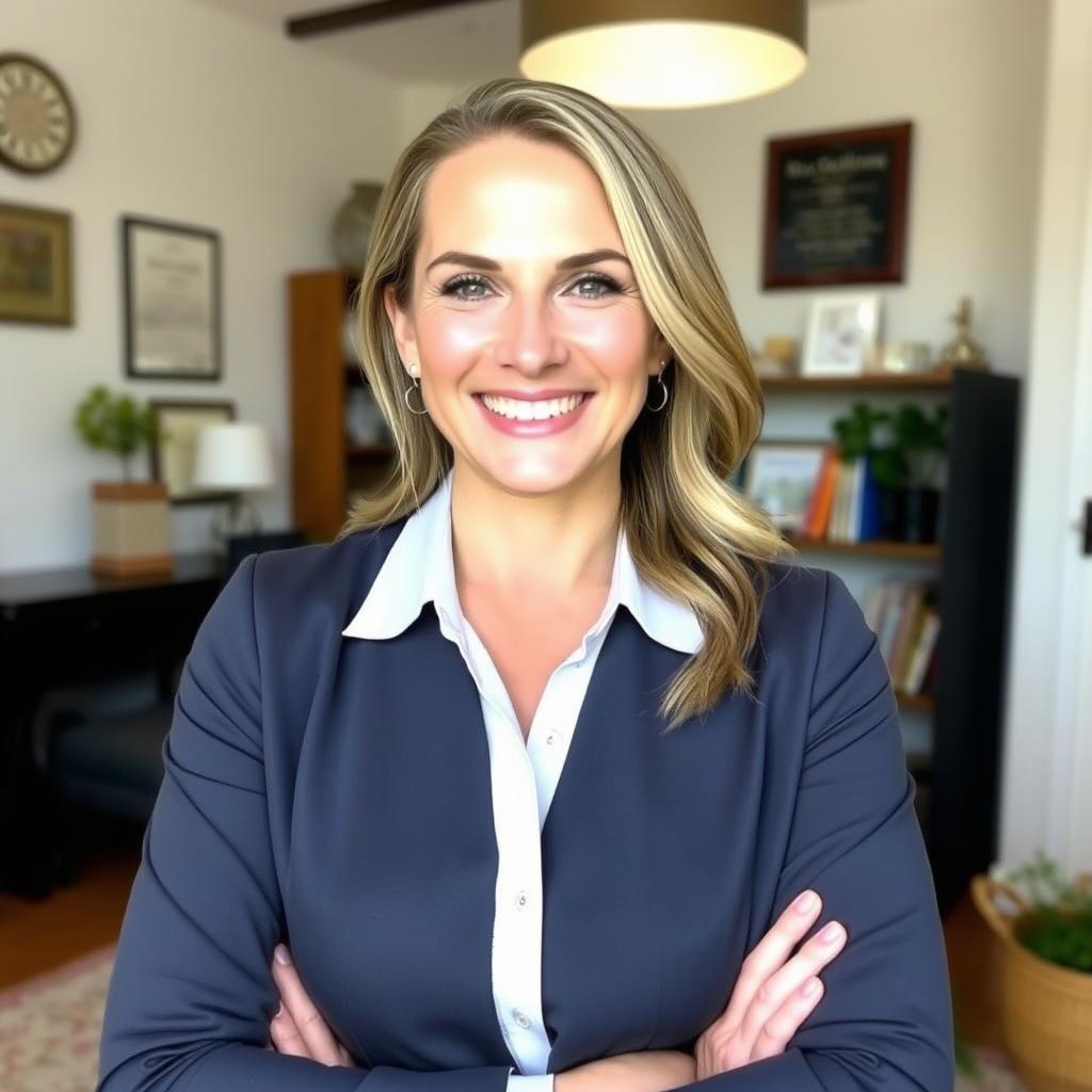 Licensed therapist smiling in a professional online therapy setting