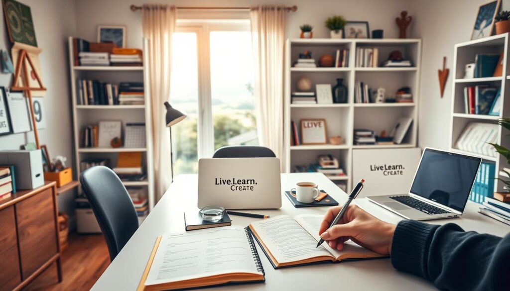 Maintaining life audit momentum: a pristine home office in a soft, warm light with a prominent desk featuring the &amp;amp;quot;Live.Learn.Create&amp;amp;quot; brand logo, surrounded by shelves of neatly organized notebooks, calendars, and inspirational items. In the foreground, a person's hands actively writing in a journal, while the middle ground showcases a laptop, a mug of steaming coffee, and a carefully curated array of stationery. The background blurs into a serene landscape, representing the tranquility and focus needed to sustain the life audit process.