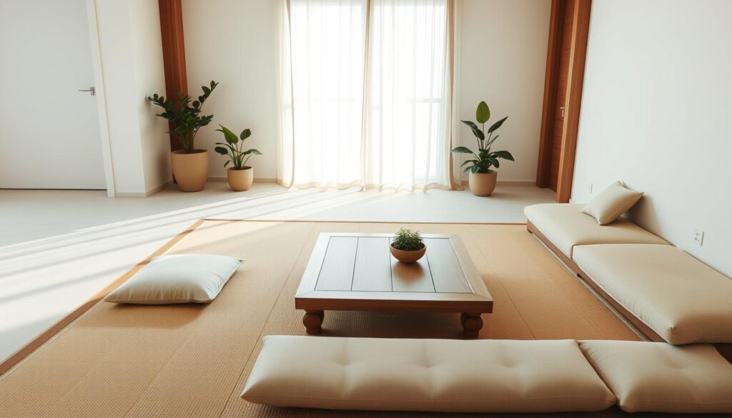 Minimalist Zen living room with low wooden furniture and open space