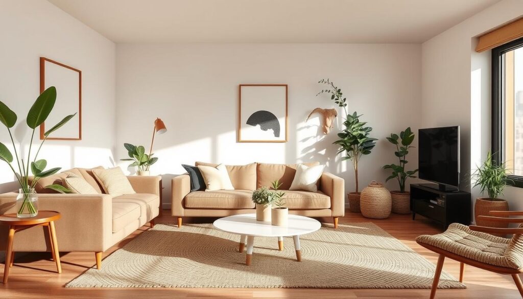 Modern living room with budget-friendly trendy decor elements