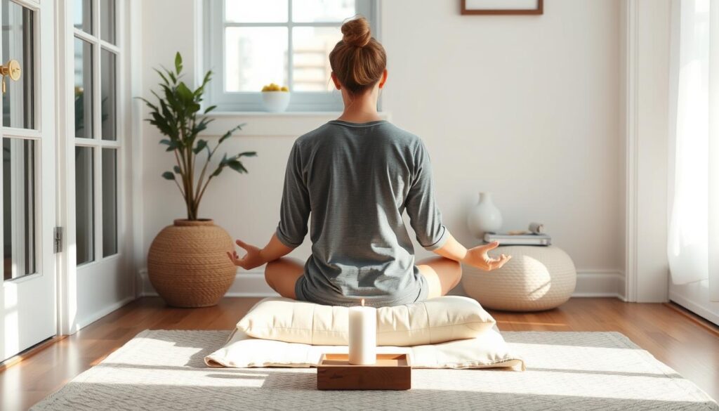 Morning meditation ritual in a zen home setting