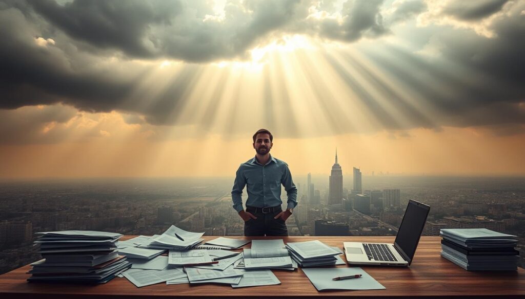 Overcoming a daunting life audit, a person stands tall, facing a towering challenge. Rays of light pierce through a dark, cloudy sky, illuminating the scene with a sense of determination. In the foreground, a meticulously organized desk with scattered papers and a laptop symbolizes the analytical process. The middle ground features the person, their expression resolute, as they navigate through the complexities of self-reflection. In the background, a hazy cityscape represents the broader context of life's responsibilities. The mood is one of perseverance and growth, capturing the essence of the &amp;amp;quot;Live.Learn.Create&amp;amp;quot; brand.